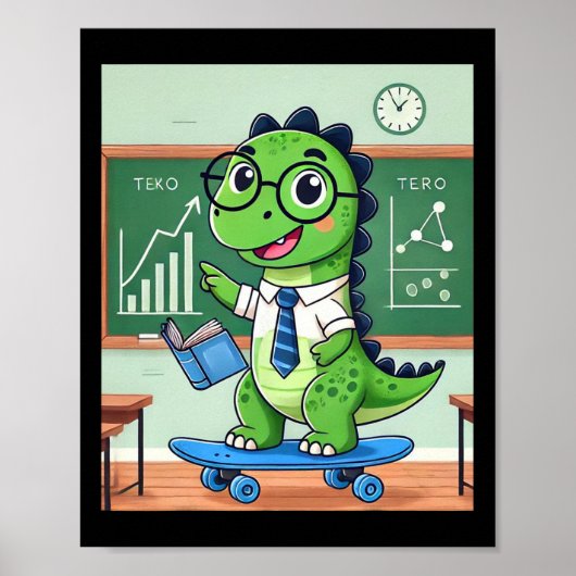 Poster Professeur dinosaure mignon faisant du skateboard  (Devant)
