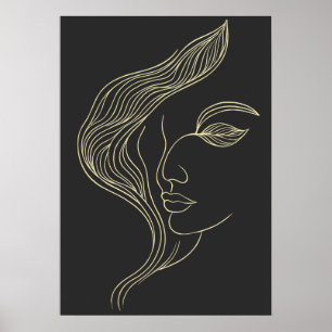 Poster Profil de femme en art linéaire élégant avec feuil