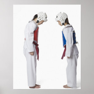 Poster Profil latéral de deux joueurs taekwondo à la bott