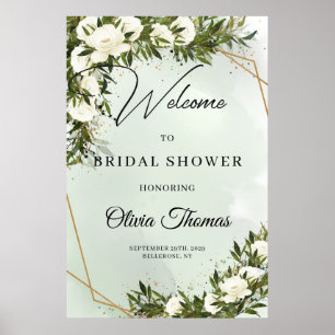Poster Profond vert feuillage blanc roses or nuptiale