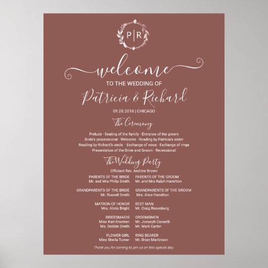 Poster Programme de cérémonie de mariage avec monogramme (Devant)