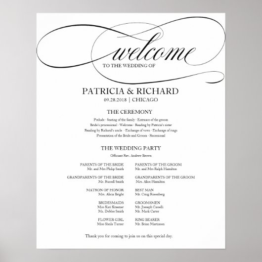 Poster Programme de cérémonie de mariage élégant écriture (Devant)