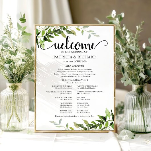 Poster Programme de cérémonie de mariage Elegant Greenery