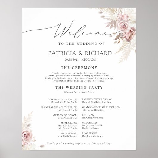 Poster Programme de cérémonie de mariage floral rose pous (Devant)