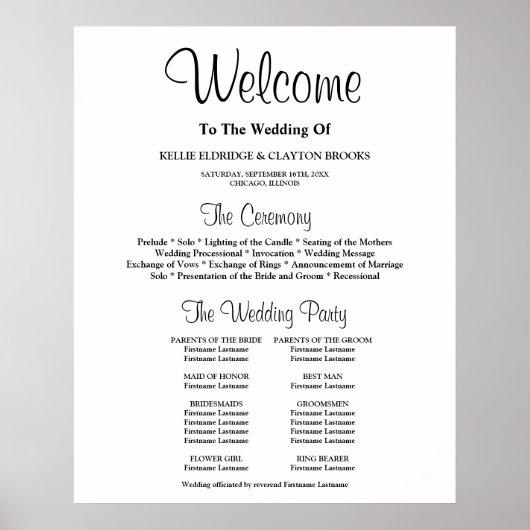 Poster Programme de cérémonie de mariage simple (Devant)