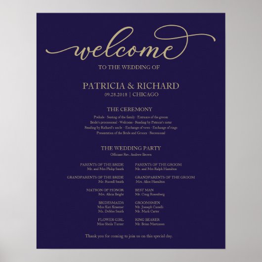 Poster Programme de cérémonie mariage Gold Script Marine  (Devant)