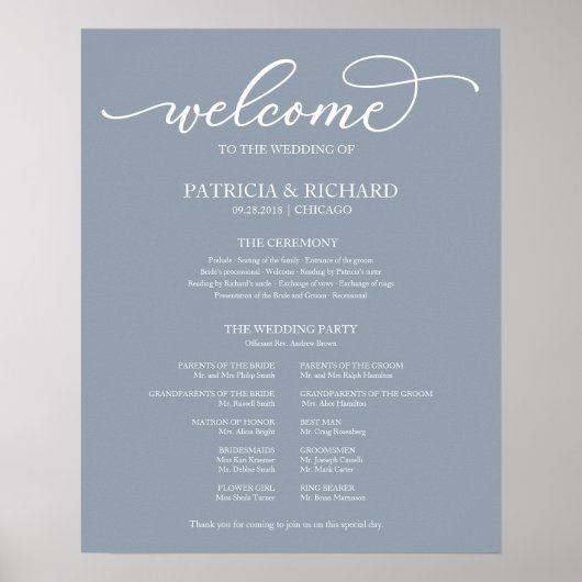 Poster Programme de cérémonie mariage Script Dusty Blue S (Devant)