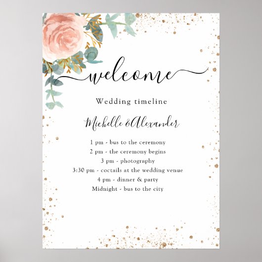 Poster Programme de chronologie de mariage rose or floral (Devant)