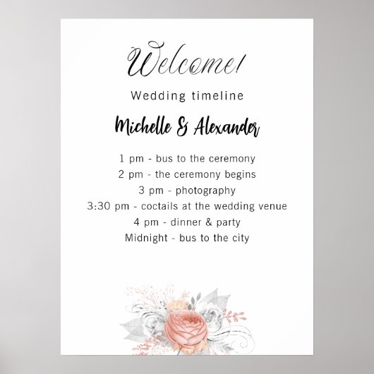 Poster Programme de fleurs d'or rose mariage (Devant)