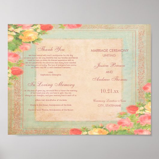 Poster Programme de mariage aux élégantes roses vintage (Devant)