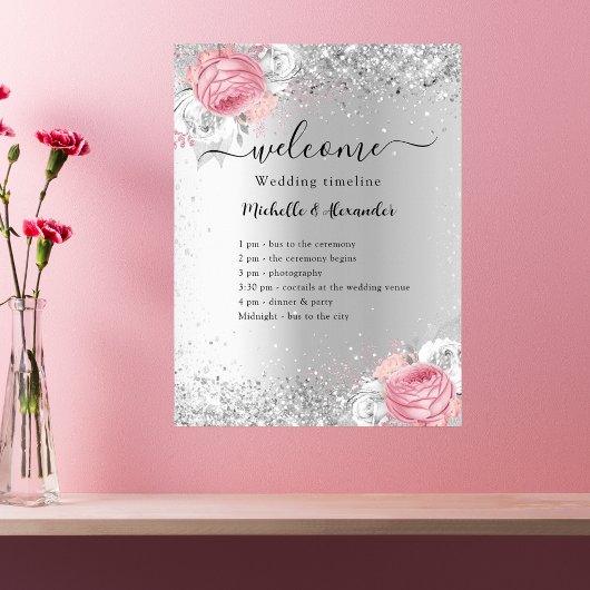 Poster Programme de mariage des fleurs roses argentées