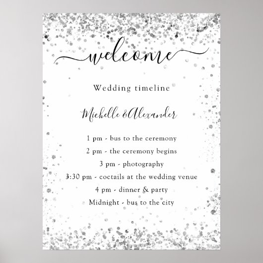 Poster Programme de mariage élégant à paillettes blanc ar (Devant)