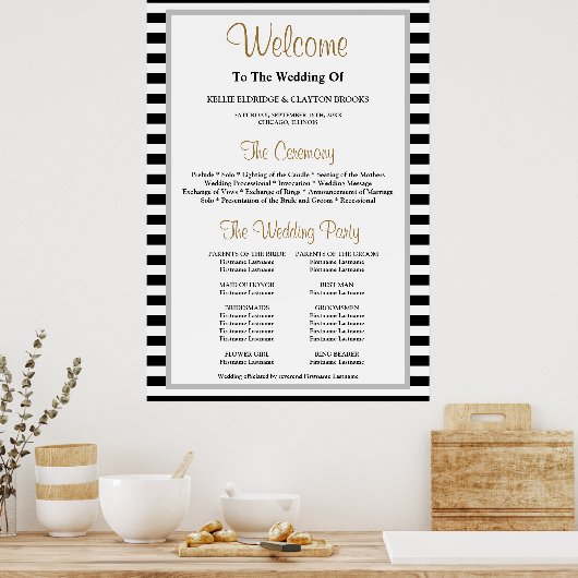 Poster Programme de mariage encadré rayures noir/blanc (Cuisine)