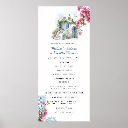 Poster Programme de mariage floral à carreaux bleus | Grè (Devant)