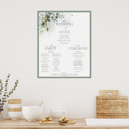 Poster Programme de mariage floral de verdure botanique (Cuisine)