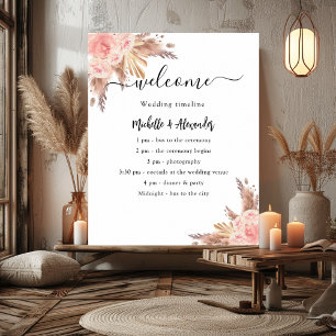 Poster programme de mariage floral rose herbe des pampas 