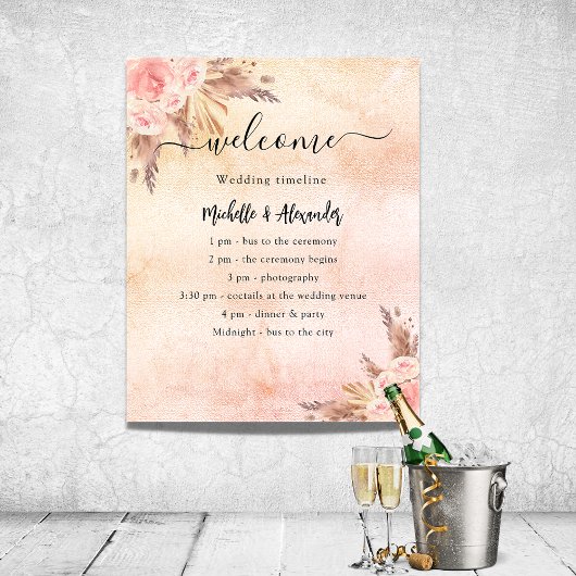 Poster Programme de mariage floral rose Pampas Blush