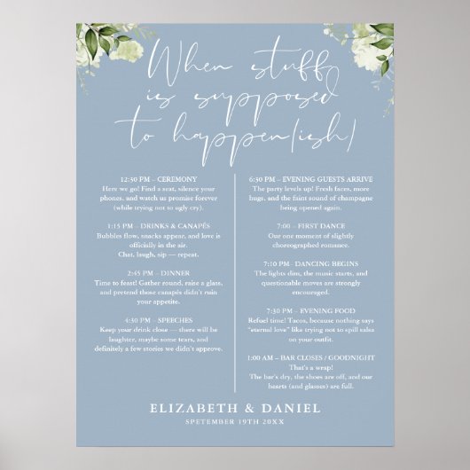 Poster Programme de mariage floral verdoyant bleu poussié (Devant)
