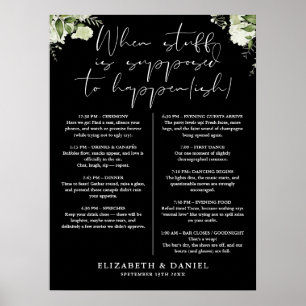Poster Programme de mariage floral vert et blanc et noir