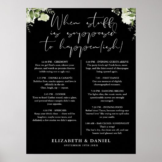 Poster Programme de mariage floral vert et blanc et noir (Devant)