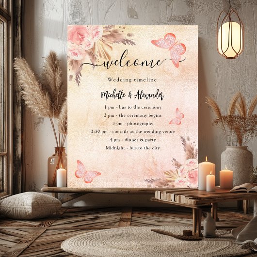 Poster Programme de mariage papillon floral Pampas chrono