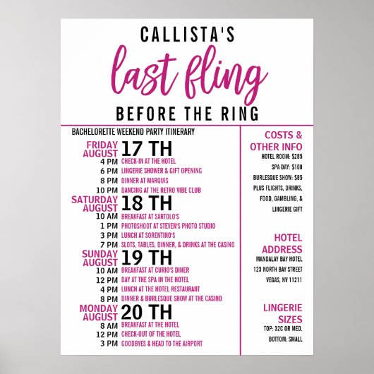 Poster Programme de soirée de bachelorette rose filleul n (Devant)