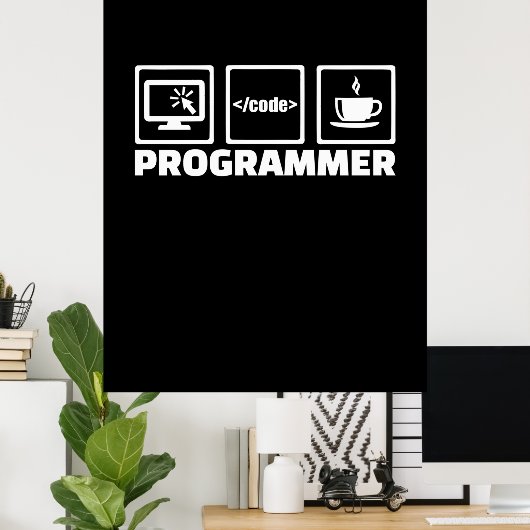 Poster Programmeur Écrire Code Et Boire Café (Bureau à domicile)