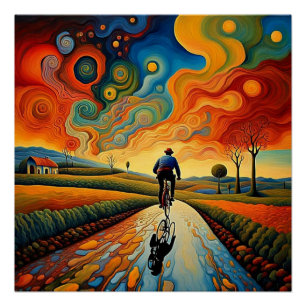Poster Promenade à vélo au coucher du soleil 1