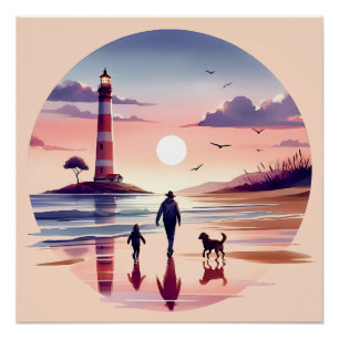 Poster Promenade au coucher du soleil au phare Scène côti