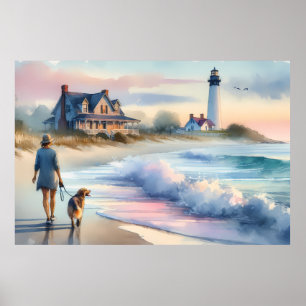 Poster Promenade côtière jusqu'au phare au coucher du sol