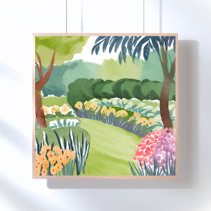 Poster Promenade dans le jardin de fleurs Aquarelle de