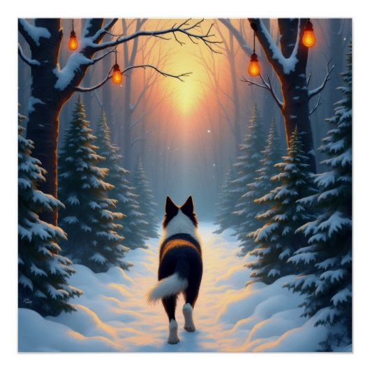 Poster Promenade de Border Collie dans une forêt enneigée (Devant)