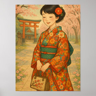 Poster Promenade en fleurs de cerisier - Japonaise fille