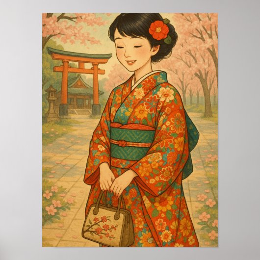 Poster Promenade en fleurs de cerisier - Japonaise fille  (Devant)