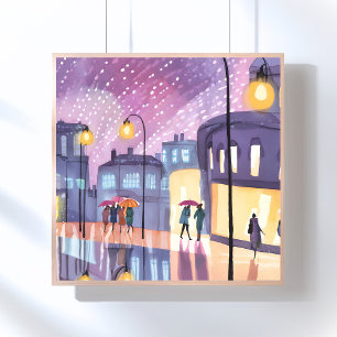 Poster Promenade Lofi Pluvieuse Aquarelle Lumières Colo