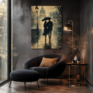 Poster Promenade romantique sous la pluie - Style Charbon
