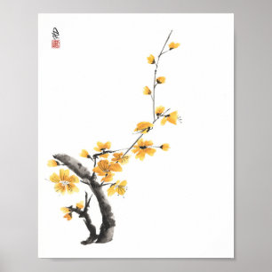 Poster Promesse Dorée Fleur de Prunier Jaune Art Aquarell