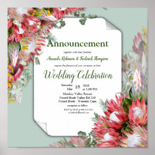 Poster Protea Fuchsia avec Faire-part vert & or