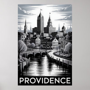 Poster Providence Rhode Island Gravure sur bois Noir Blan