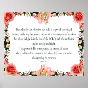 Poster Psaume 1 Art - Bienheureux Juif avec Design Floral