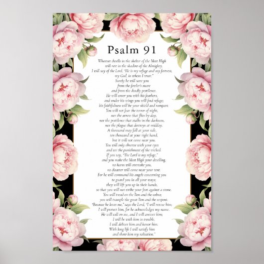 Poster Psaume 91 Écriture Bible Verse Floral Blush Noir (Devant)