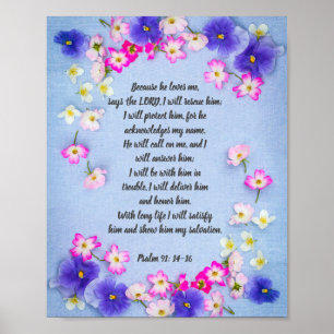 Poster Psaume 91 sur le tissu bleu avec des fleurs,