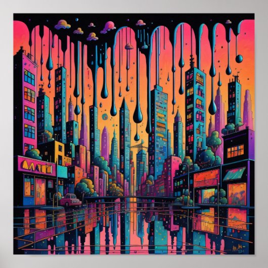 Poster Psychedelic Drippy City Art (Devant)