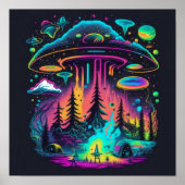 Poster Psychedelic Neon UFO et Alien Art d'enlèvement (Devant)