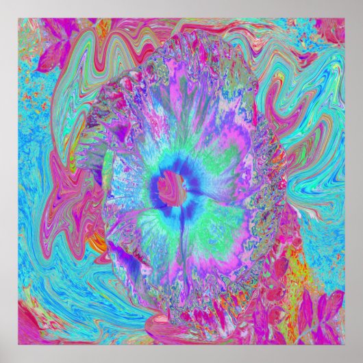 Poster Psychédélique rétro arc-en-ciel bleu Hibiscus (Devant)
