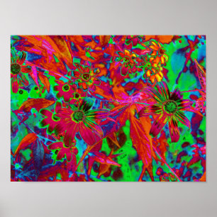 Poster Psychédélique Super rouge et Fleurs sauvages verts