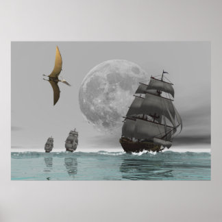 Poster Pteranodon les navires et l'affiche de la lune