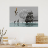 Poster Pteranodon les navires et l'affiche de la lune (Cuisine)