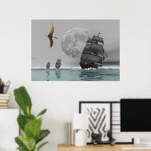 Poster Pteranodon les navires et l'affiche de la lune (Bureau à domicile)