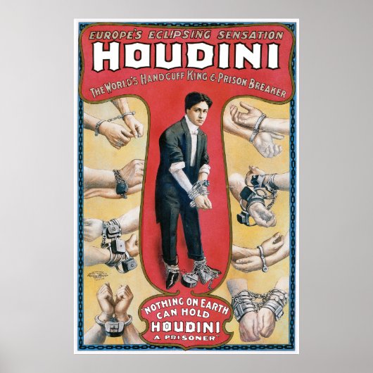 Poster publicitaire vintage Houdini Handcuff King (Devant)